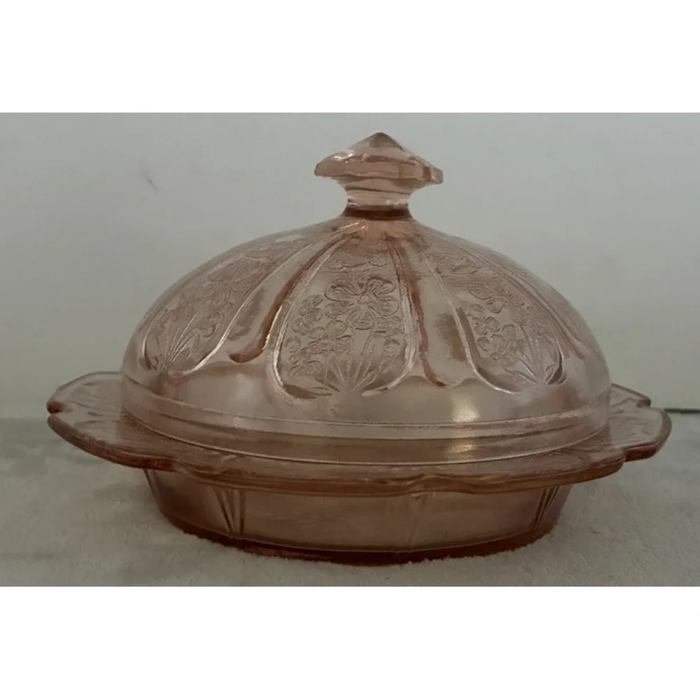 Jeannette Cherry Blossom Pink Depression Glass Covered Butter Dish 1930s Vintage